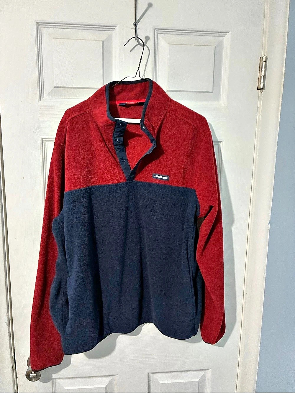 Lands' End Colorblock Snap-Neck Fleece Pullover Red & Blue Large